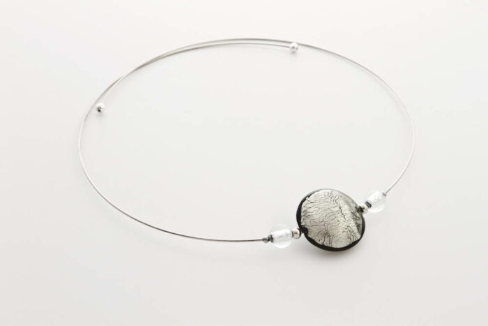 Glass and silver leaf necklace, steel silver