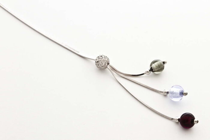 Glass and silver leaf necklace with triple bead, alexandrite, amethist and crystal silver