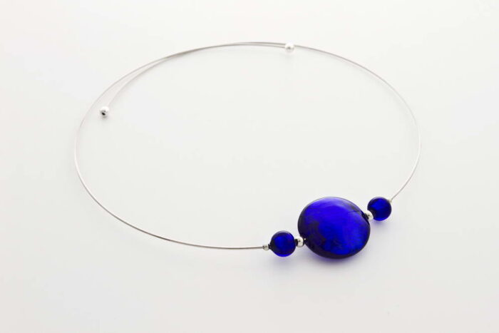 Glass and silver leaf necklace, cobalt blue