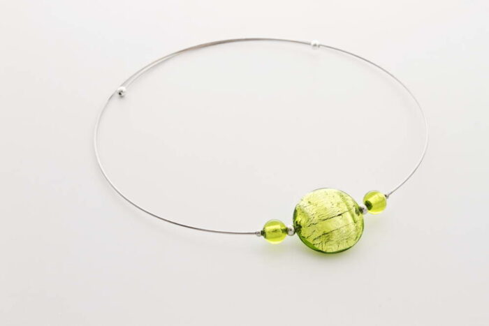 Glass and silver leaf necklace, acid green