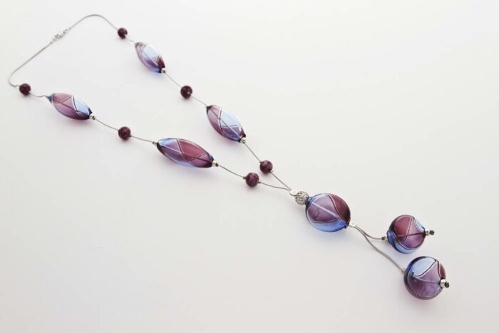 Long blown glass necklace, amethyst and bluino