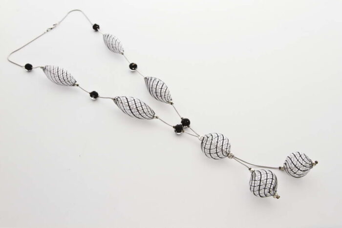 Long blown glass necklace, black and white