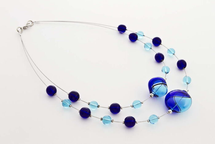 Double blown glass necklace, turquoise and cobalt blue