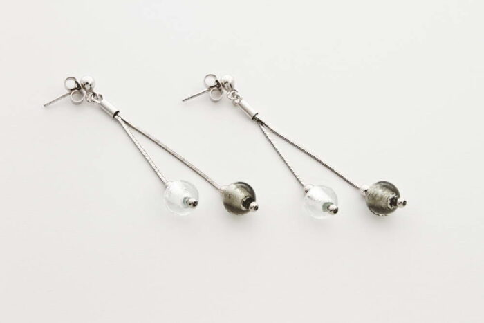 Double glass and silver leaf earrings, steel silver and crystal silver