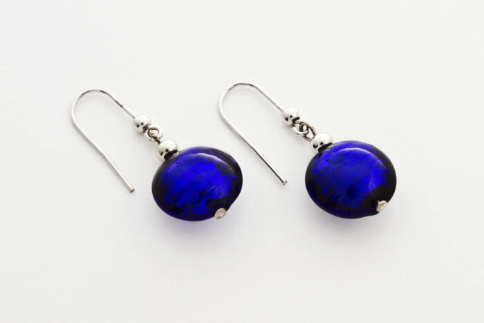 Glass and silver leaf earrings, cobalt blue