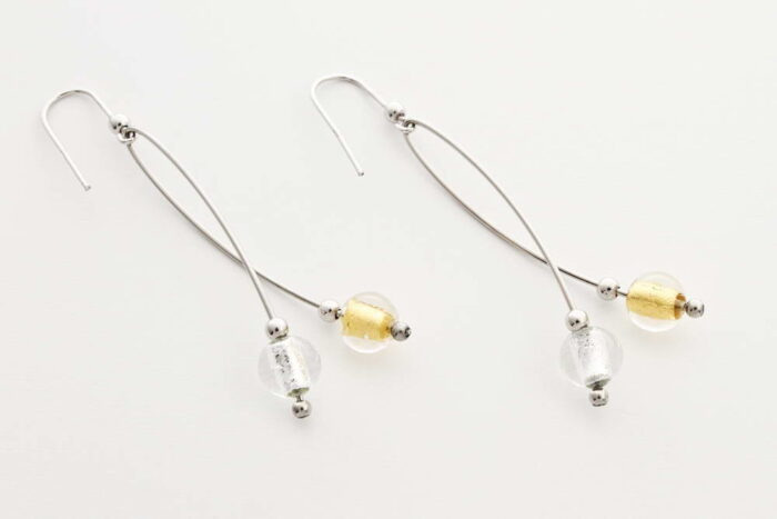 Intertwined glass and silver leaf earrings, crystal gold and crystal silver