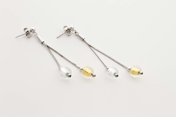 Double glass and silver leaf earrings, crystal silver and crystal gold