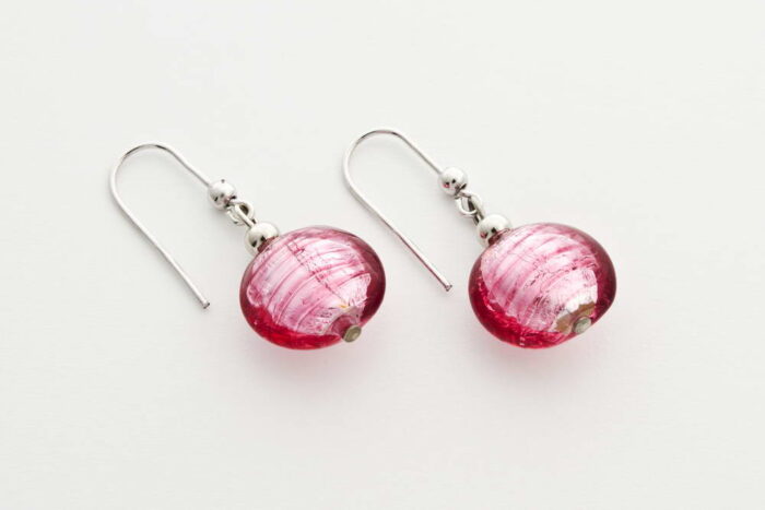 Glass and silver leaf earrings, pink silver
