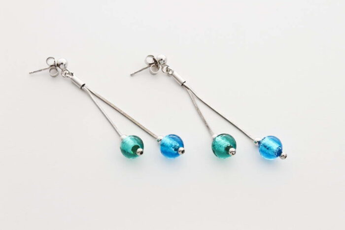 Double glass and silver leaf earrings, turquoise and green