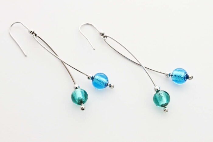 Intertwined glass and silver leaf earrings, turquoise and see green