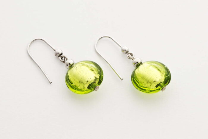 Glass and silver leaf earrings, acid green