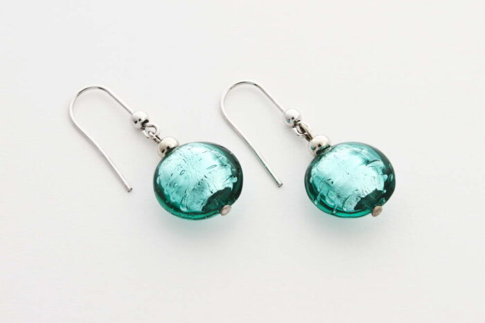 Glass and silver leaf earrings, sea green
