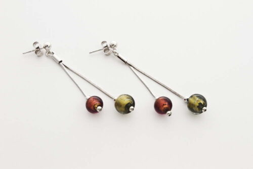 Double glass and gold leaf earrings, gold and steel bronze