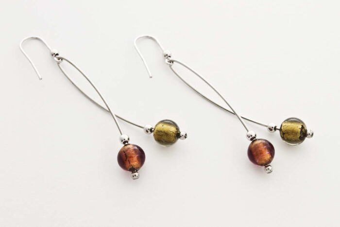 Intertwined glass and gold leaf earrings, steel gold and bronze