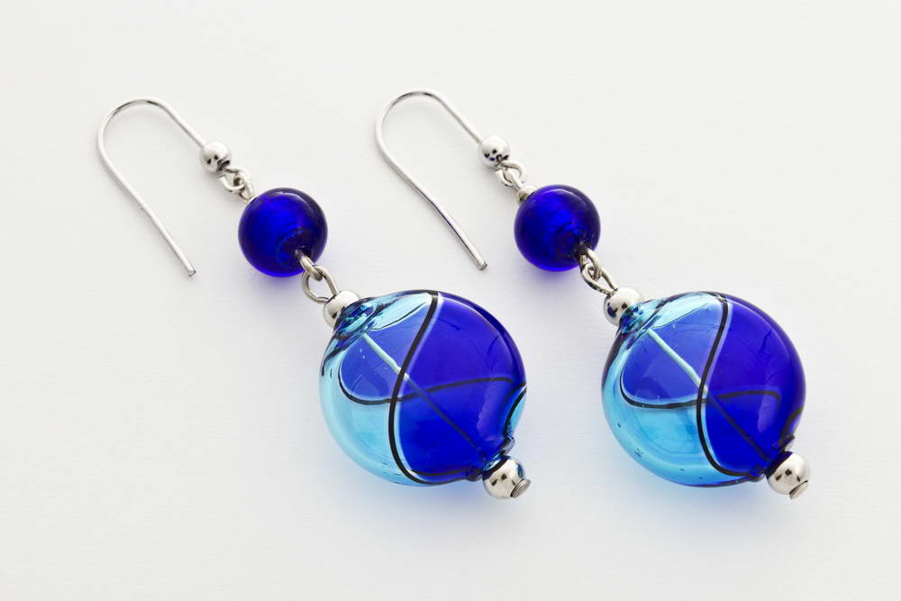 Flat blown glass and silver leaf earrings, turquoise and cobalt blue