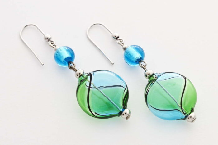 Flat blown glass and silver leaf earrings, turquoise and green
