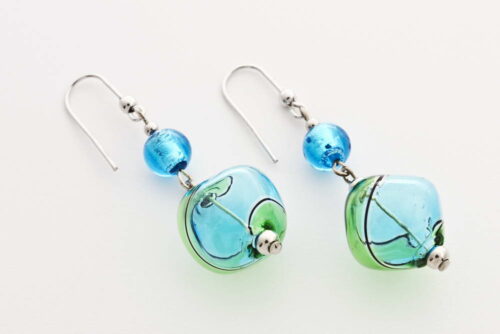 Crushed blown glass and silver leaf earrings, turquoise and green
