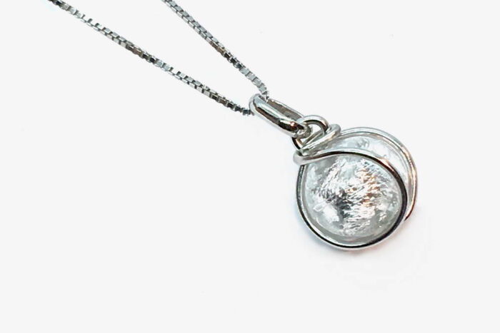 Wrapped glass and silver leaf necklace, crystal silver