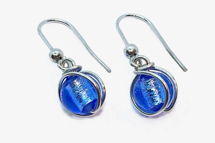 Glass and silver leaf wrapped earrings, bluino