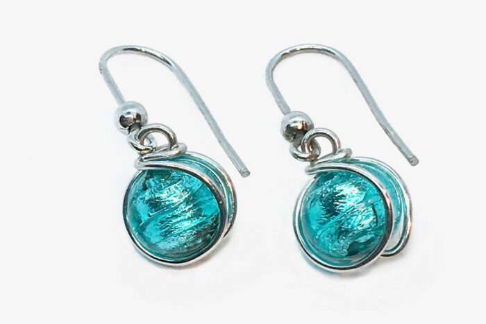 Glass and silver leaf wrapped earrings, sea green