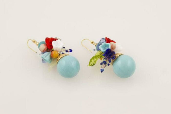Flower fantasy blown glass earrings, light turquoise