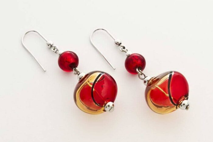 Blown glass and gold leaf crushed earrings, red and light topaz