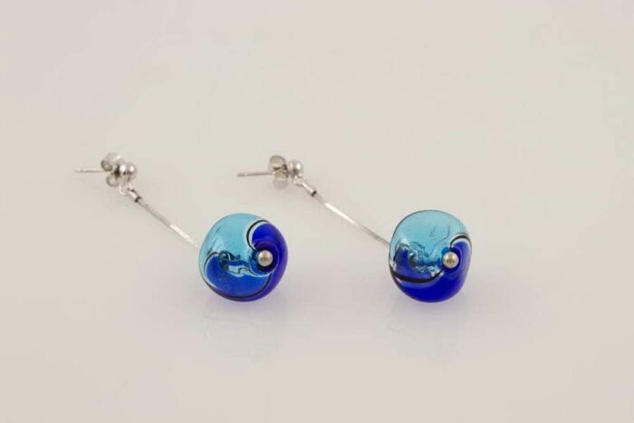 Round blown glass earrings, turquoise and cobalt blue