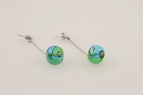 Round blown glass earrings, turquoise and green